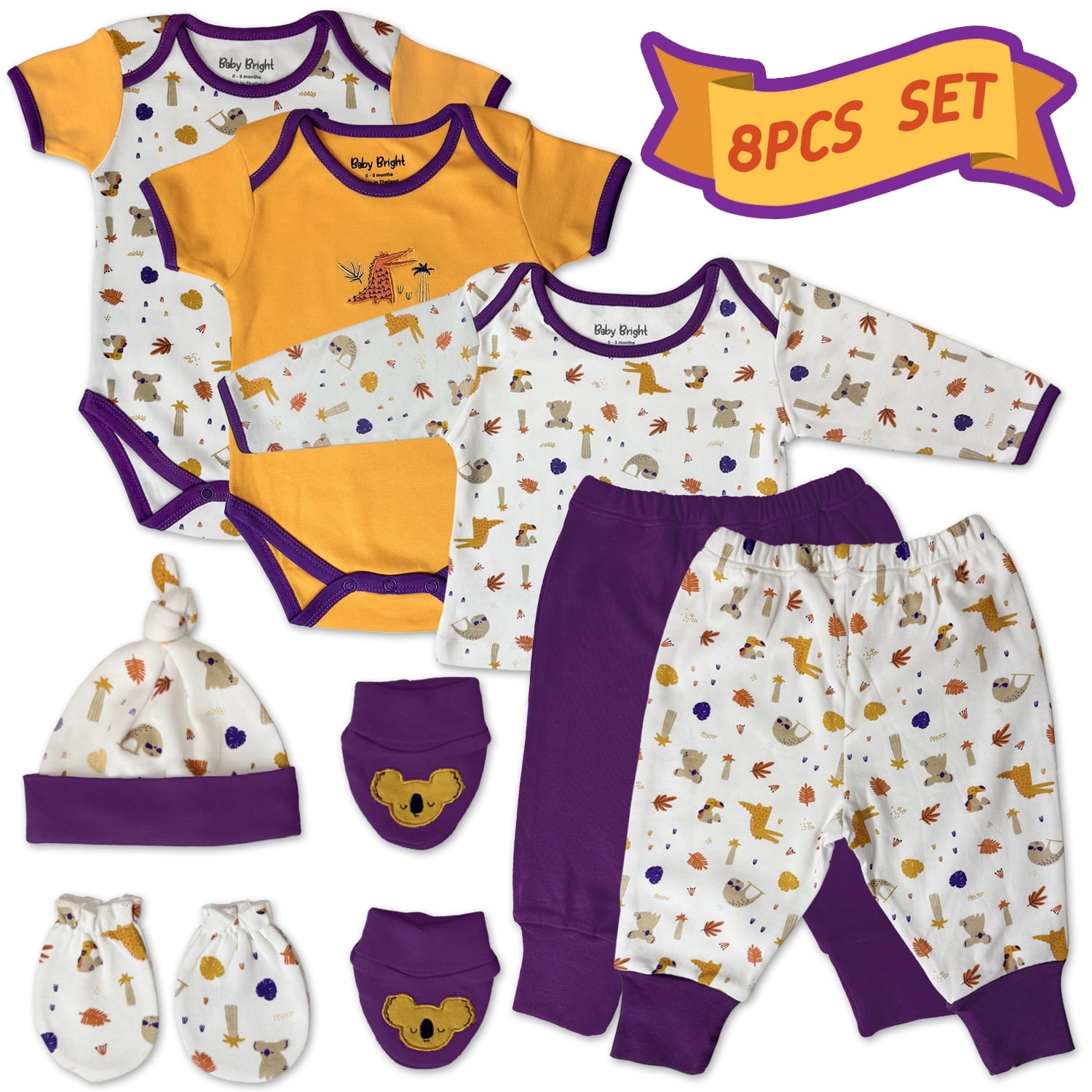 Baby Bright Newborn Essentials Must Have Clothes for Baby Boy, Outfit Gifts for Infant, Baby Shower Gift, 8-Pieces, Size 0-3 Months