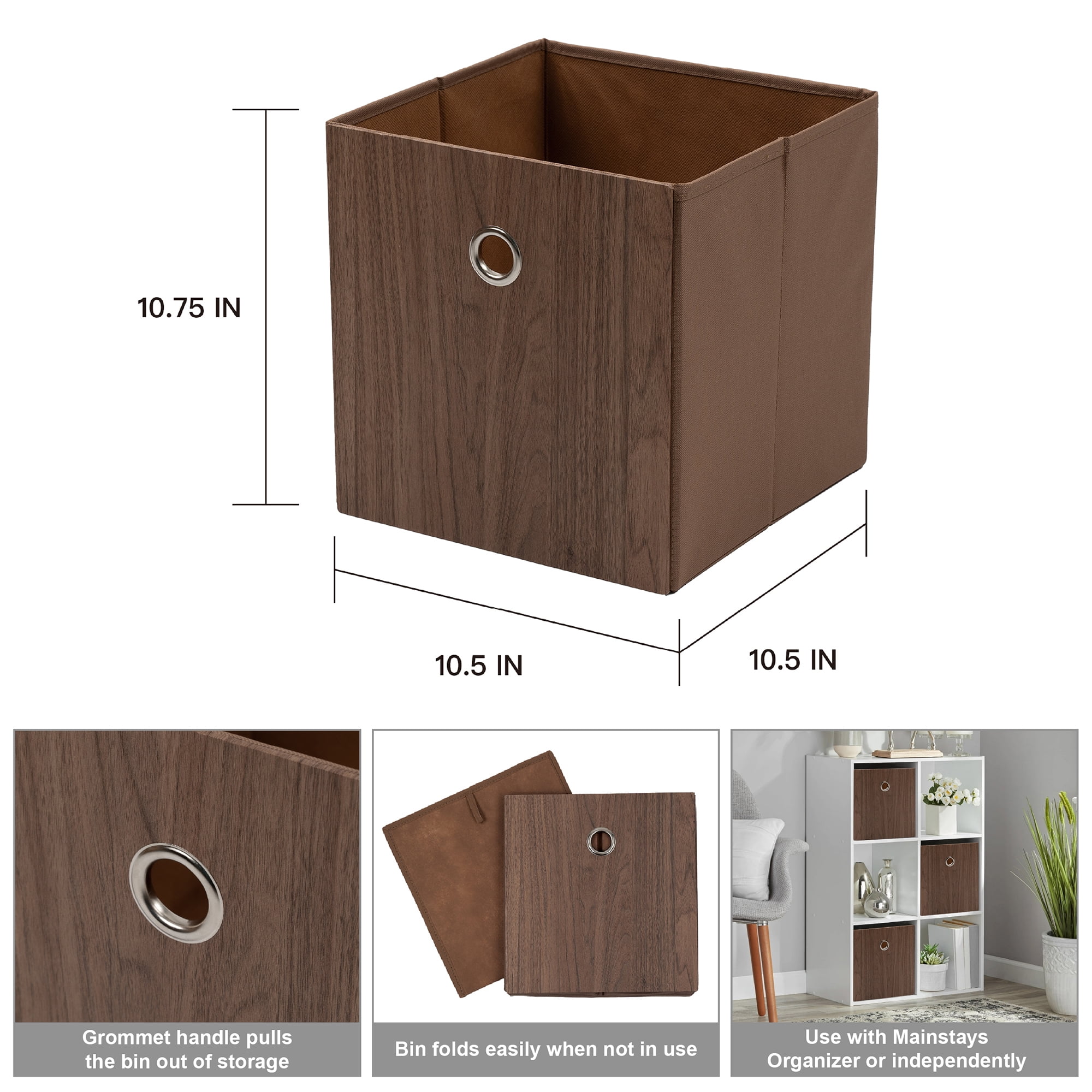 (2 pack) Mainstays Collapsible Fabric Cube Storage Bin, Natural Wood Finish, 10.5 in x 10.5 in x 10.75 in