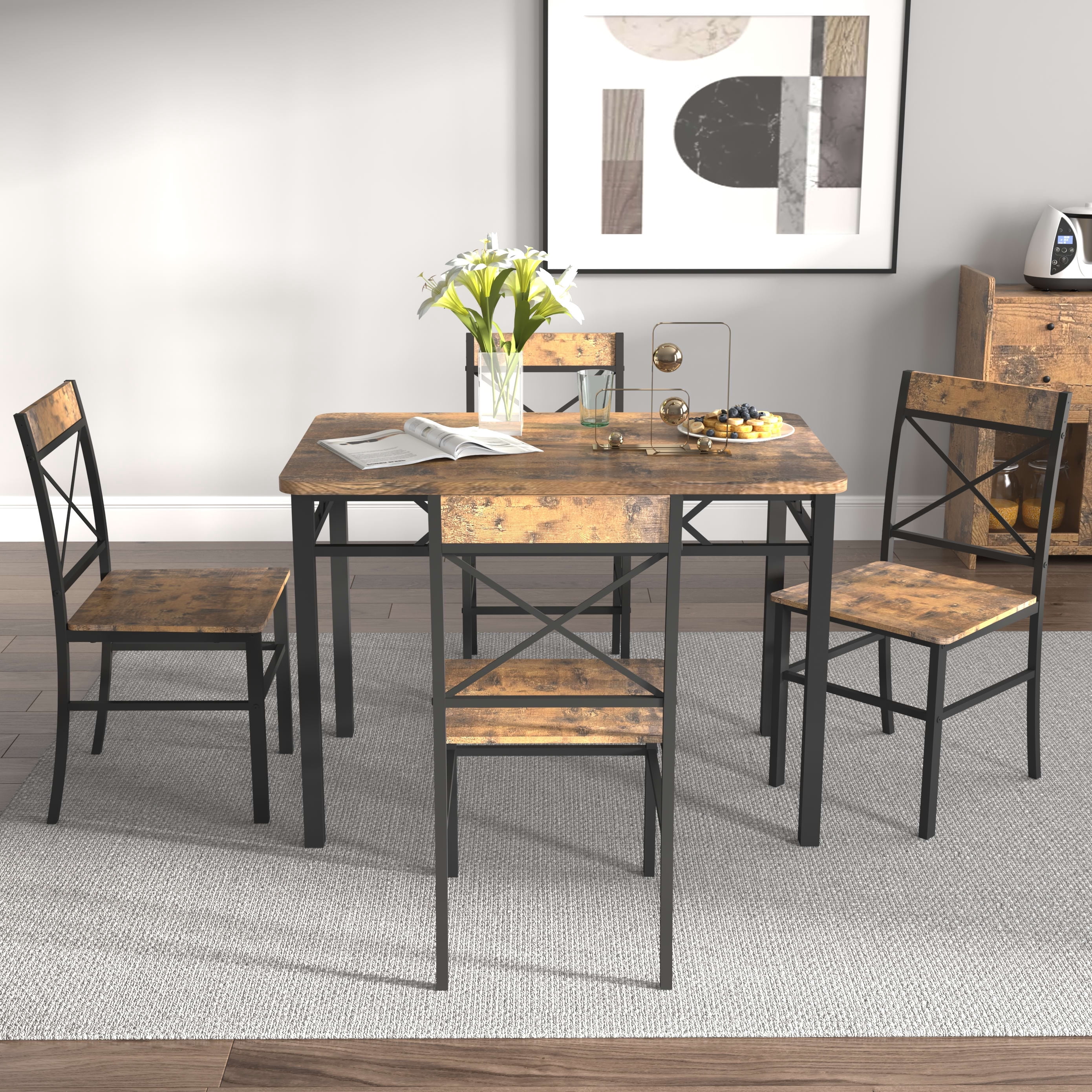 Aukfa Dining Table Set for 4, Wood Kitchen Table with Dinning Chair for Small Space, Brown