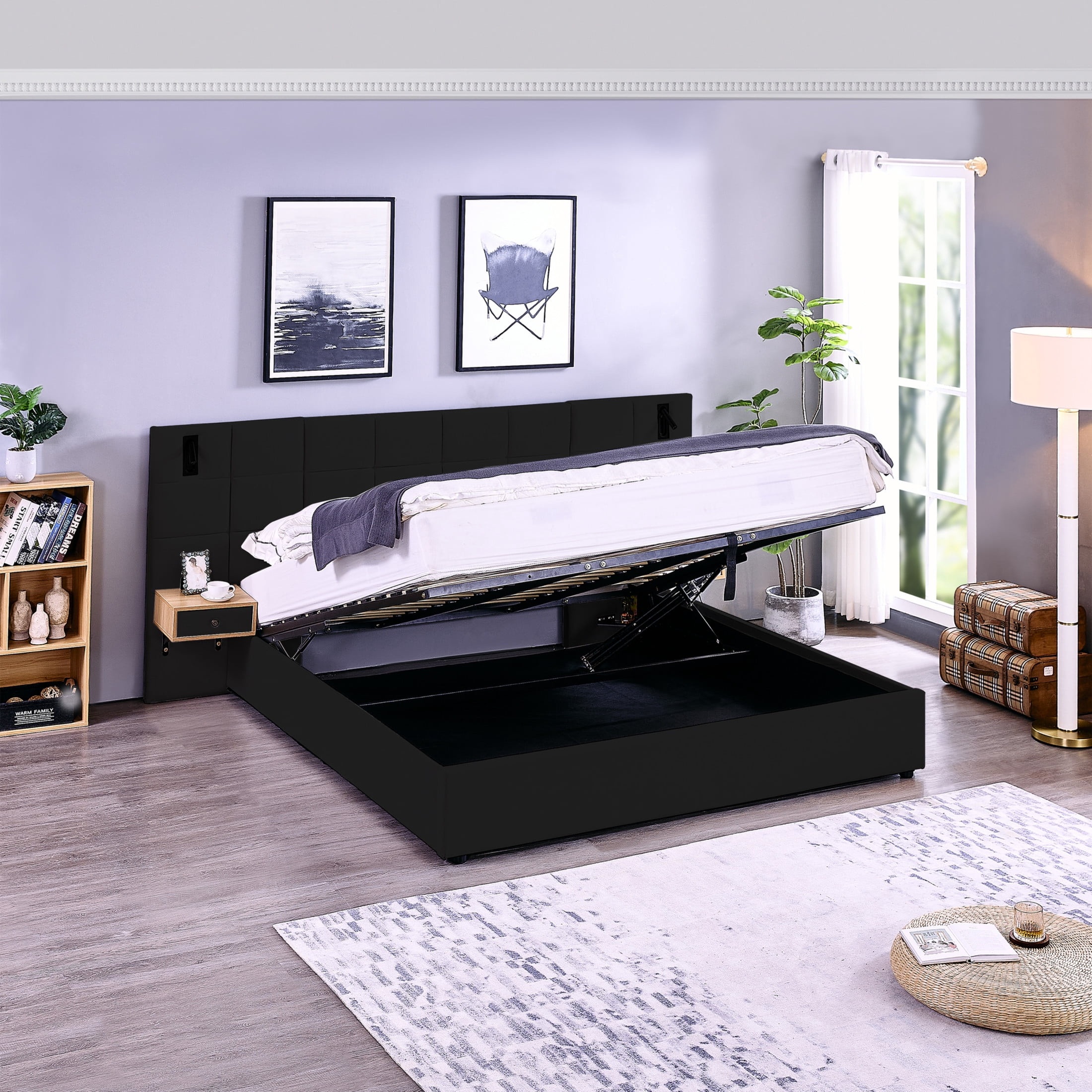 Noble House Derwin King-Size Velvet Storage Bed, Hydraulic Platform Bed Frame with Reading Lamps and USB Port, Black