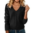 thumbnail image 3 of Women's V Neck Sweater, Fluffy Soft Velvet Touch Pullover, Embossed Design Knit Top, Long Sleeve Casual Pullover, Solid Color Fall Winter Top, Everyday Wear Sweater Black S, 3 of 7