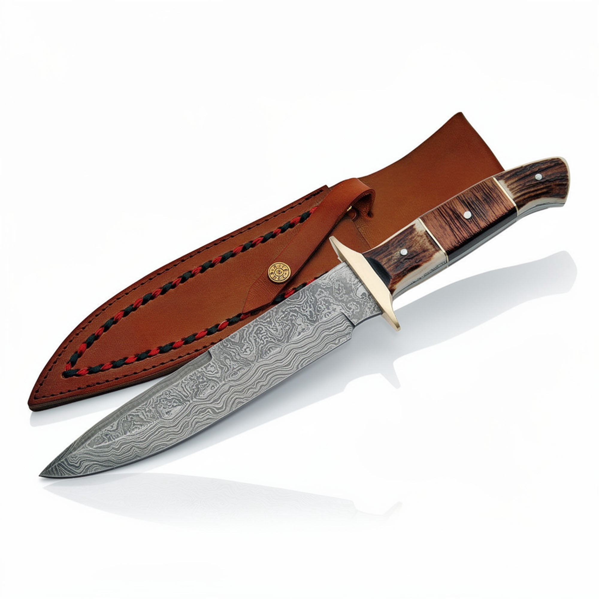 SZCO 13-Inch Frontier Edition Damascus Steel Fixed-Blade Knife – Hand-Forged 8-Inch Blade with Authentic Stag and Wood Handle – Includes Premium Leather Sheath