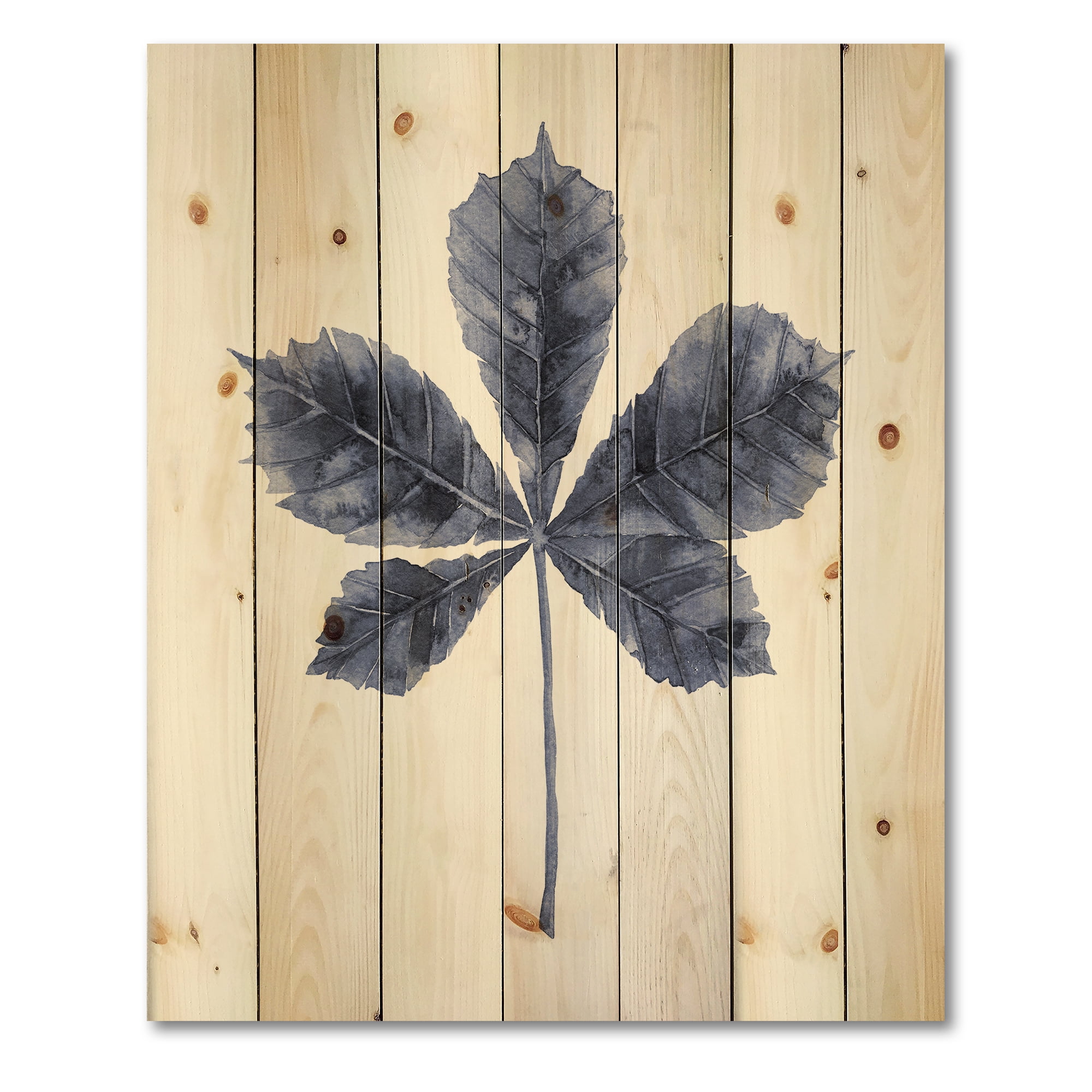 Designart 'Navy Blue Chestnut Leaf On White' Traditional Print on Natural Pine Wood