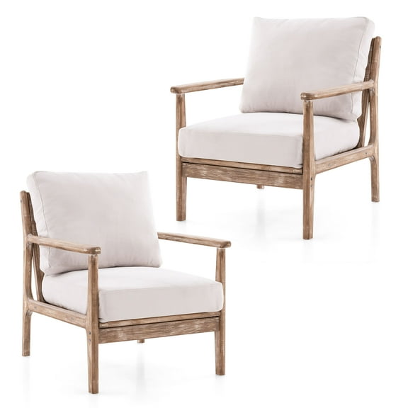 Gymax Wooden Accent Chair 2 Set Armchair w/ Solid Wood Frame Removable Seat Cushion