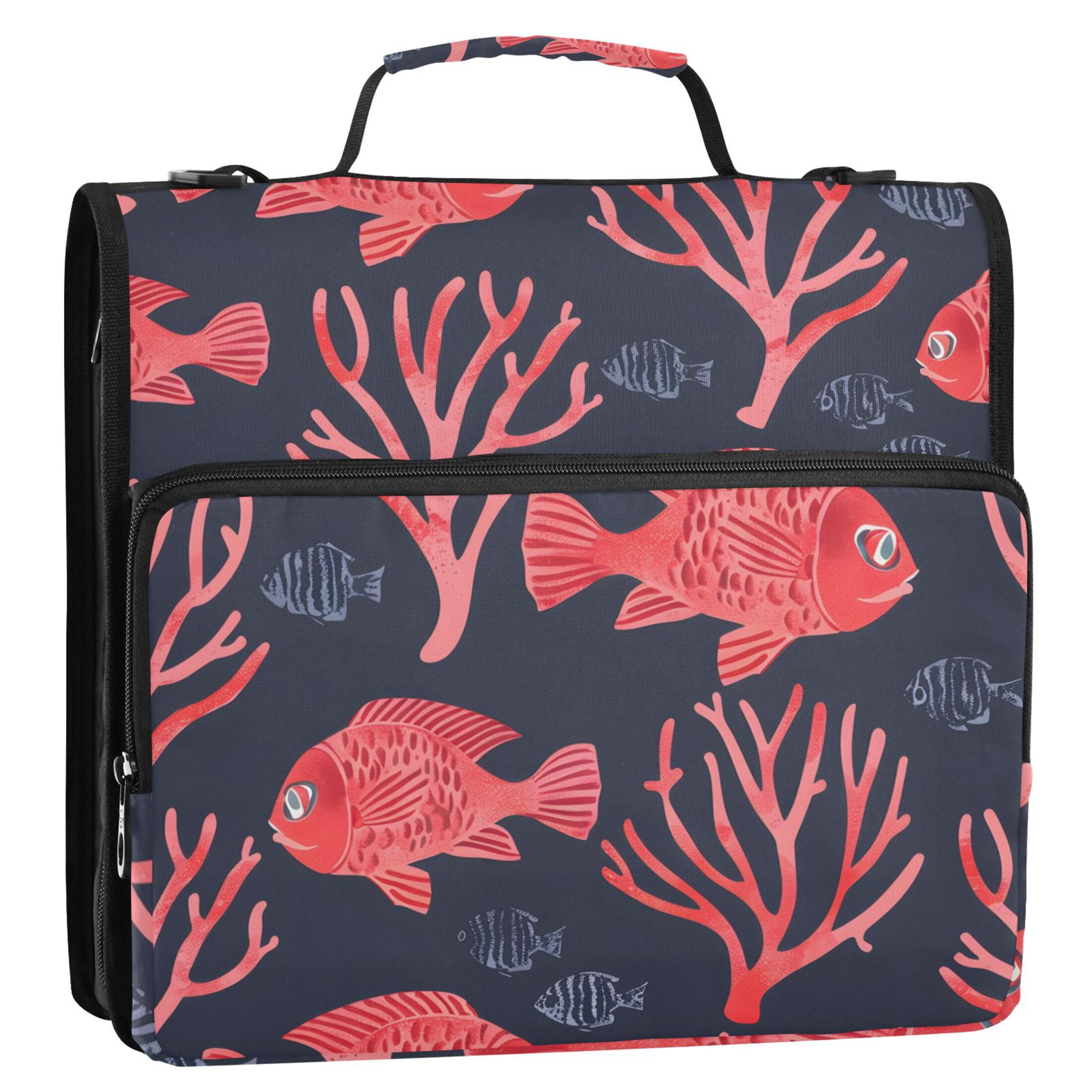 3 Ring Zipper Binder with Shoulder Strap Waterproof Trapper Keeper 2 Inch D-Ring 500 Sheets Capacity Fishes and Coral