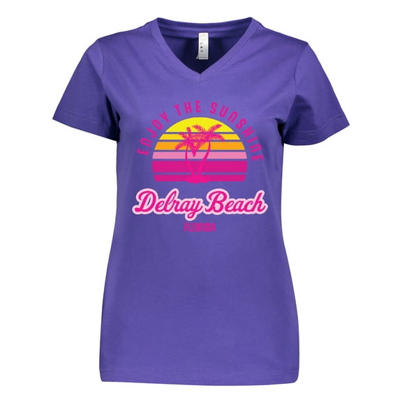 Inktastic Summer Enjoy the Sunshine Delray Beach Florida in Pink Women's V-Neck T-Shirt