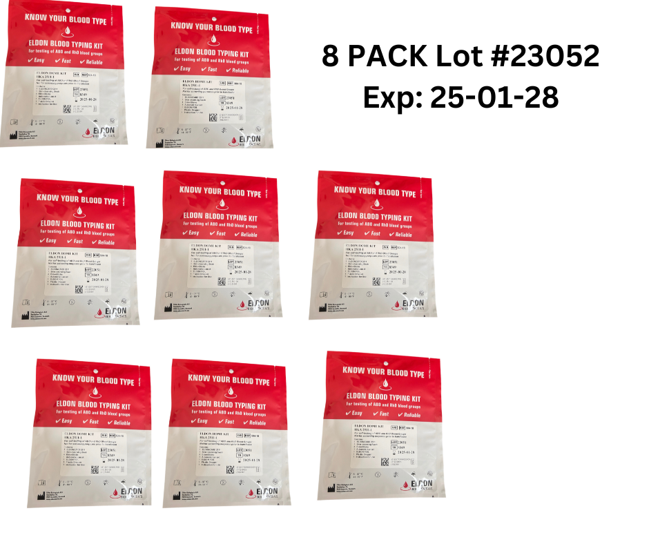 8 pack EldonCard Blood Type Test Testing Kit w/ Instructions ABOAB & RHESUS  D Lot #23051 Exp: 01/28/25