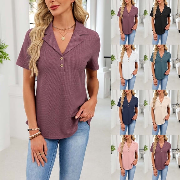 HomeDM Women's Button Down Collared V Neck Summer Tops, Short Sleeve Solid Color Loose Fit Dressy Blouses - Wine/L