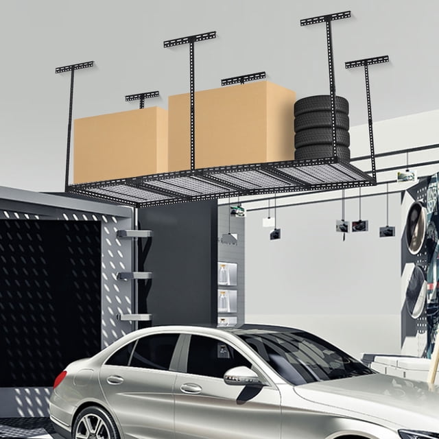 Overhead Garage Storage Rack – Heavy-Duty Steel Ceiling Mounted Organizer – 660 lb Capacity, Adjustable Height 22-40" – Space-Saving for Garage, Attic & Basement – 240x120cm, Black, 6 Posts