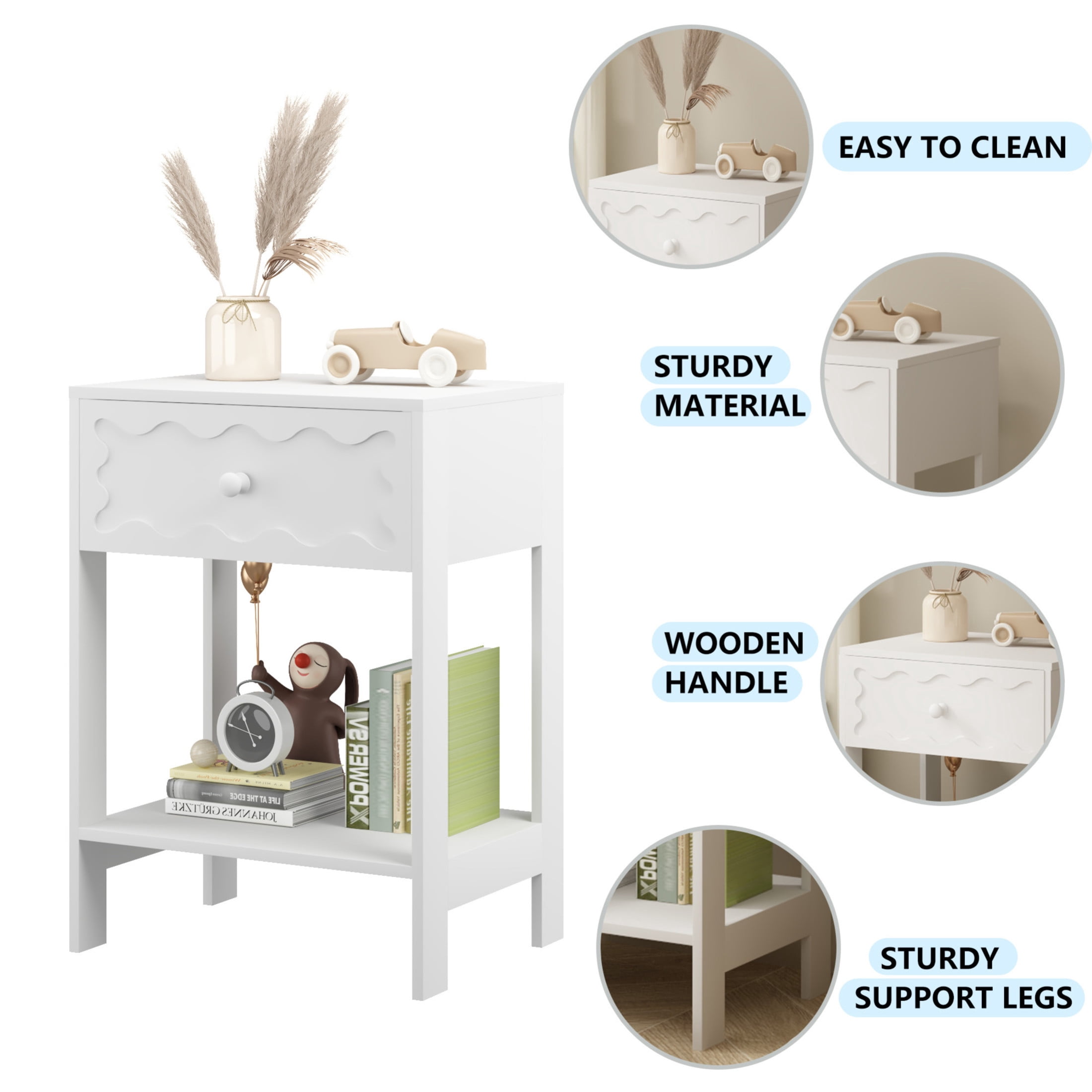 Noble House Modern Nightstand with Wave Pattern Drawer, Bedside Table with Solid Wood Frame, Bedroom, White