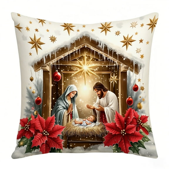 hulanddfd Christmas Pillow Cover, Soft Pillowcase with Nativity Scene Patterns Xmas Square Cushion Cover for Couch Sofa Bedroom Living Room Home