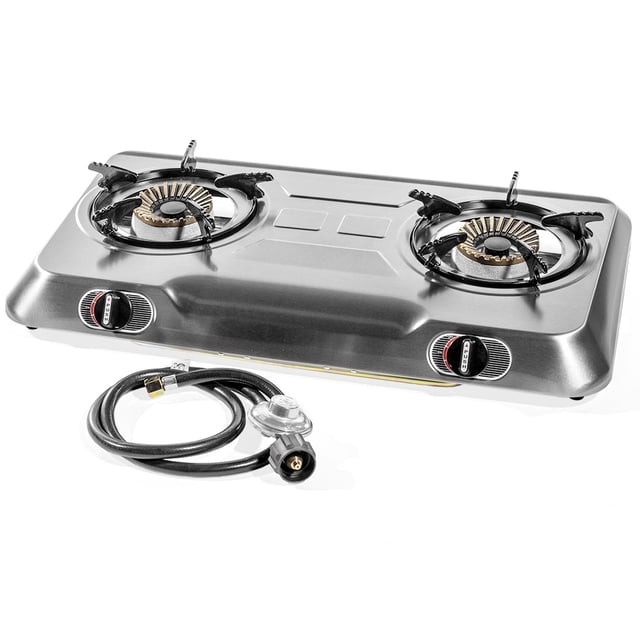 XtremepowerUS Propane Gas Range Stove 2 Burner Stainless Steel Cooktop Auto Ignition Camping High Pressure