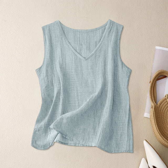 Craaazy Débardeur Femme Couleur Unie Style Lin Col Rond Sans Manches Fendu Côté Blouse Décontractée pour Cadeaux d'Été