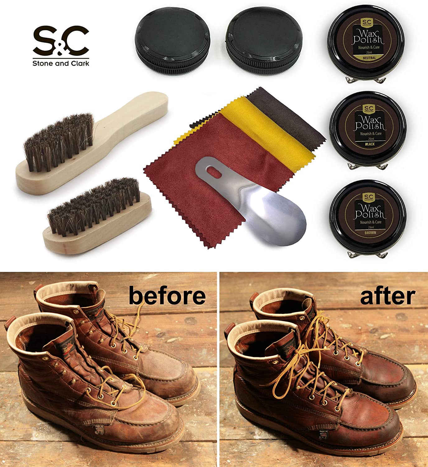 Compact Shoe Cleaning Kit with Horse Hair Brushes 12PC Shoe Polish & Care Kit Leather Shoe Shine Kit with Brown Wax 