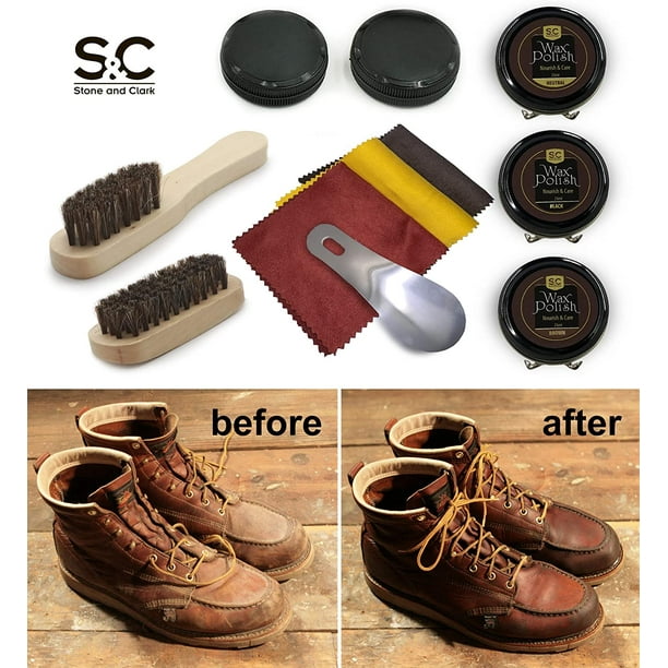 12PC Shoe Polish Care Kit Leather Shoe Shine Kit with Brown Wax Shoe Brushes for Polishing Shine Cloth Shoe Horn Compact Shoe Cleaning Kit