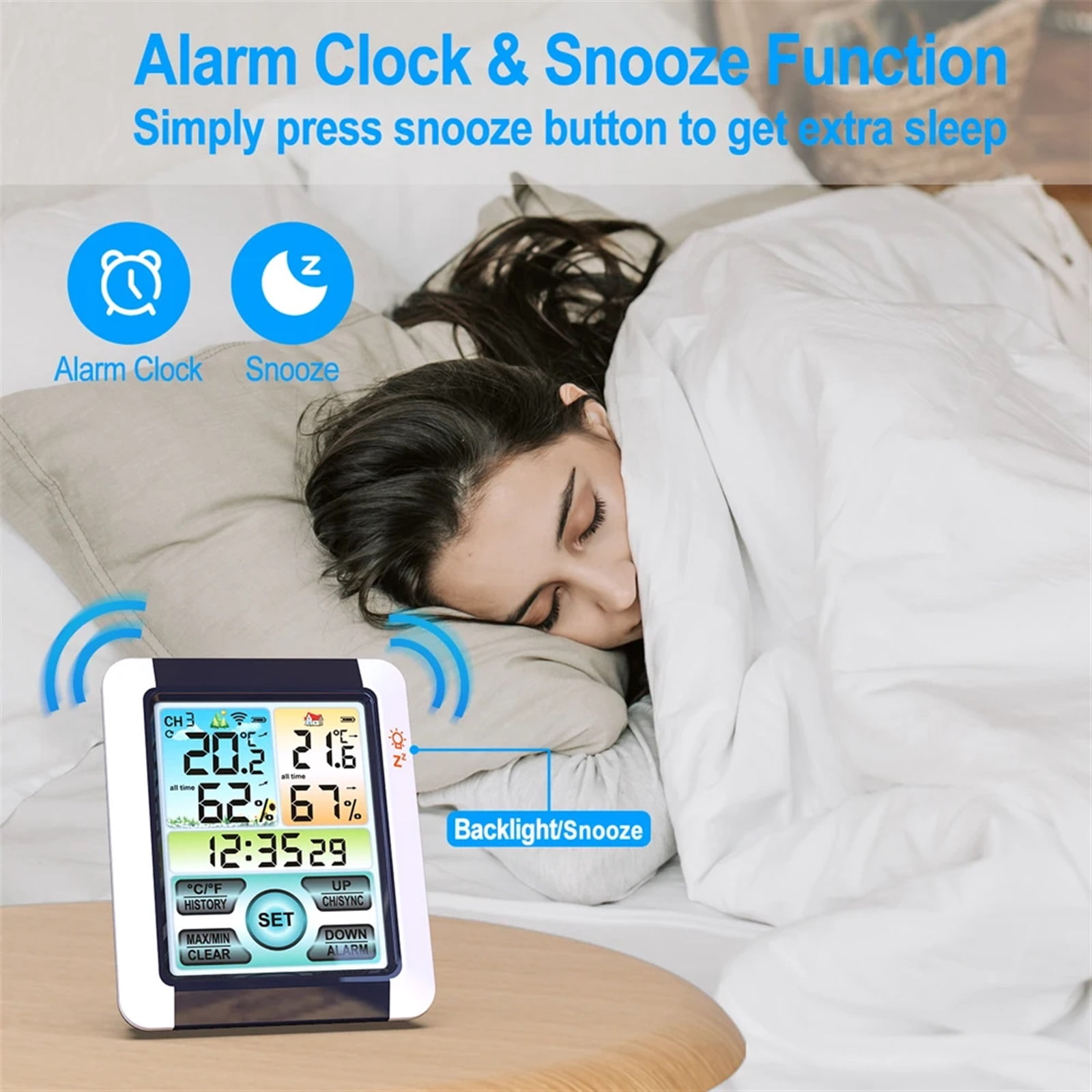 Wireless Weather Station Large Screen Digital Indoor Outdoor Thermometer Hygrometer Monitor Alarm Clock with Transmitter Sensor ,Excellent Visual Experience