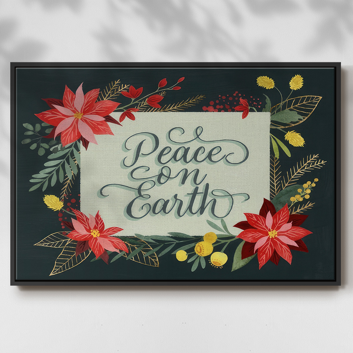 Bright Christmas Night II - Framed Gallery Wrapped Holiday Canvas - 17 x 25 - Black Frame