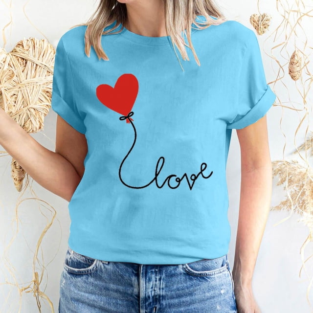 Meichang Hauts pour Femmes T-Shirts de la Saint-Valentin T-Shirts de Fête à Col Rond T-Shirts à Imprimé Cœur d'Amour T-Shirts à Manches Courtes Jolis Tees Blouses en Liquidation