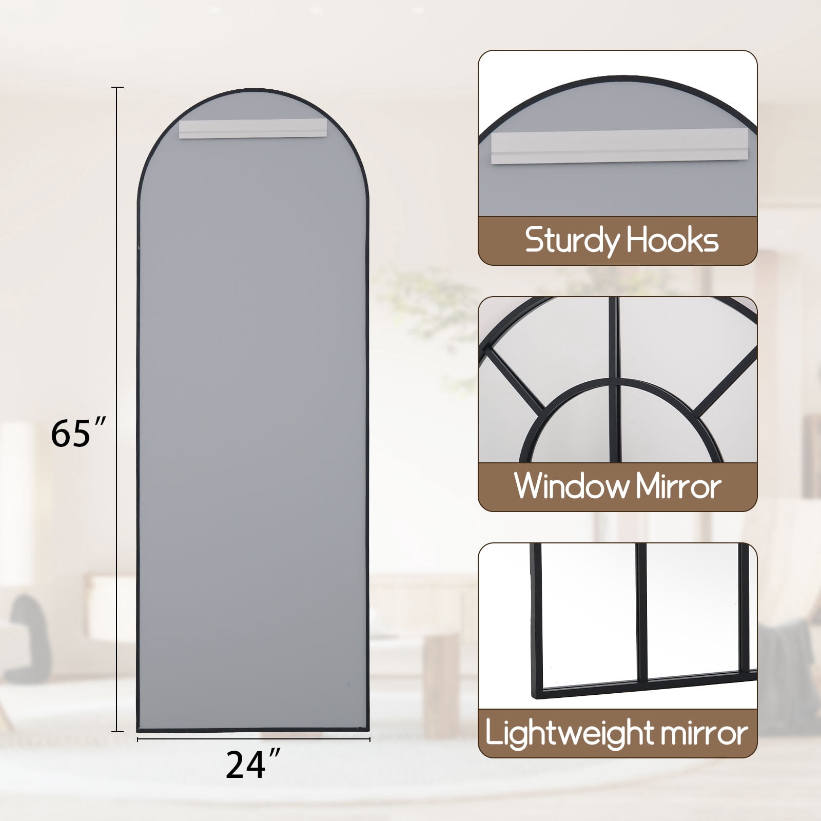 Mirstory 65"x24" Arched Windowpane Floor Mirror Wall-Mounted Full Length Mirror, Black