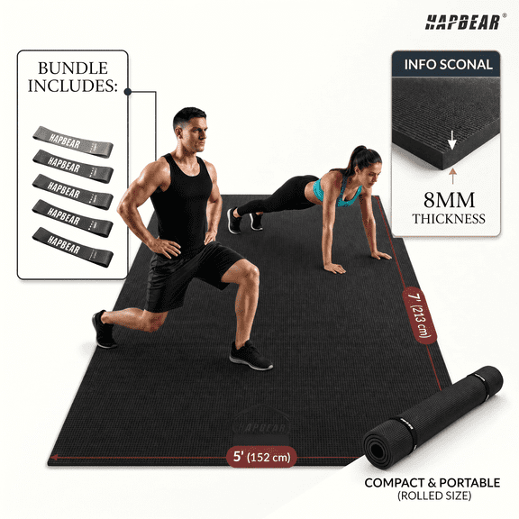 Extra Wide Exercise Mat 7'x5', 8MM Thick Non Slip Large Fitness Workout Mat, Multiple Color Options Including Black