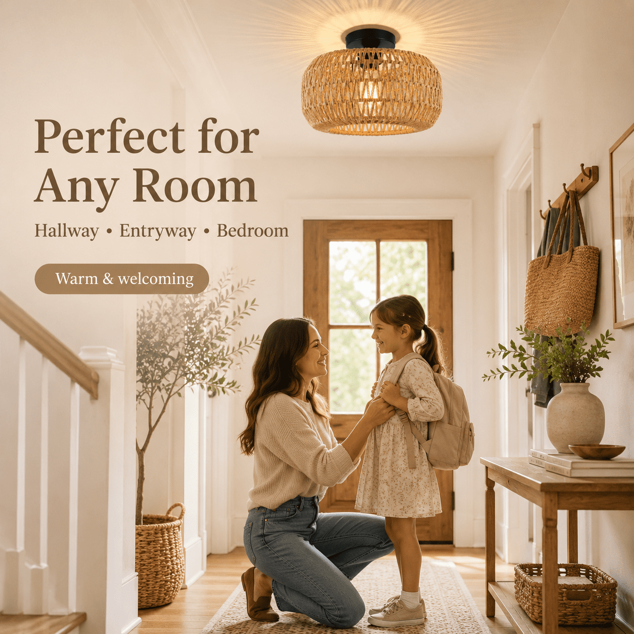 DONGPAI Boho Light Fixtures Ceiling Mount, 11.8" Rattan Mini Chandelier Hand Woven Wicker Semi Flush Mount Ceiling Light for Bedroom Kitchen Hallway Entryway Living Room (Bulb Included)