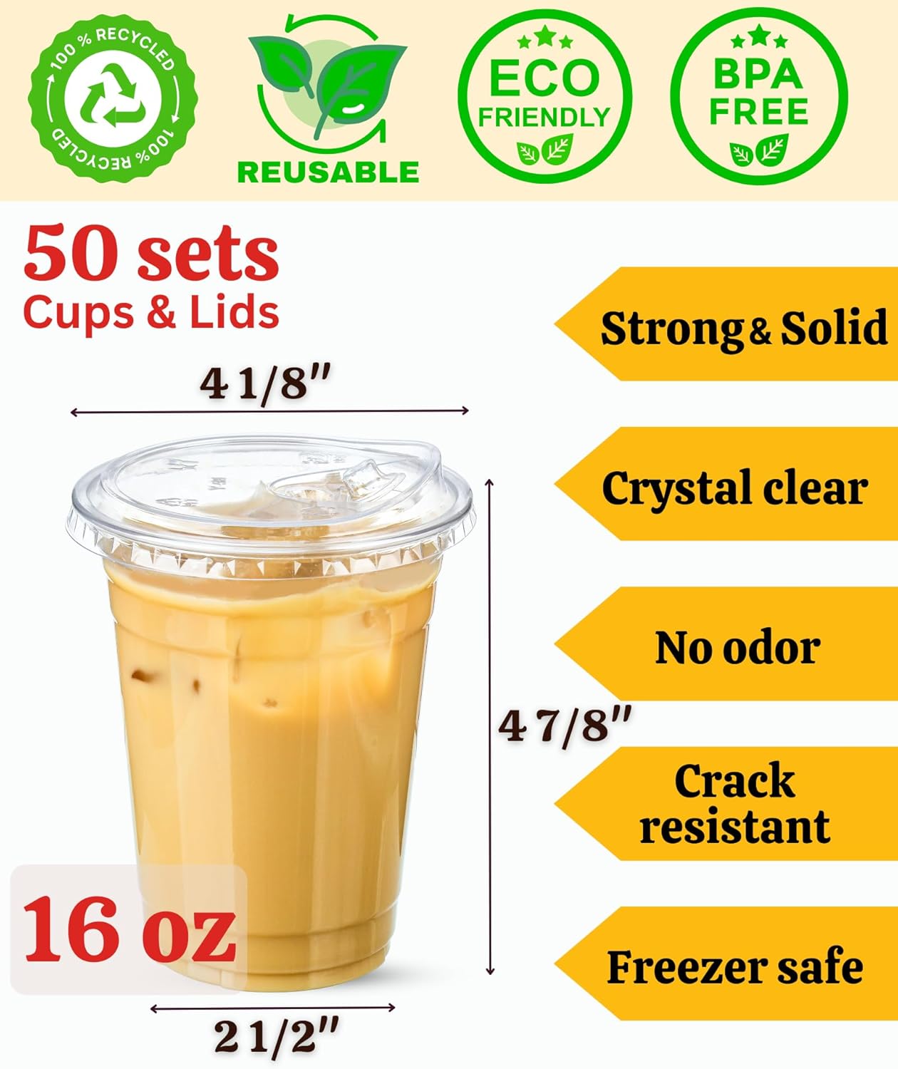 JJEAN-16 oz Clear Plastic Cups with Lids, 50 Sets Disposable Plastic Iced Coffee Cups with Strawless Sip-Lids, To Go Coffee Cup for Smoothie, Milkshake, Cold Drinks