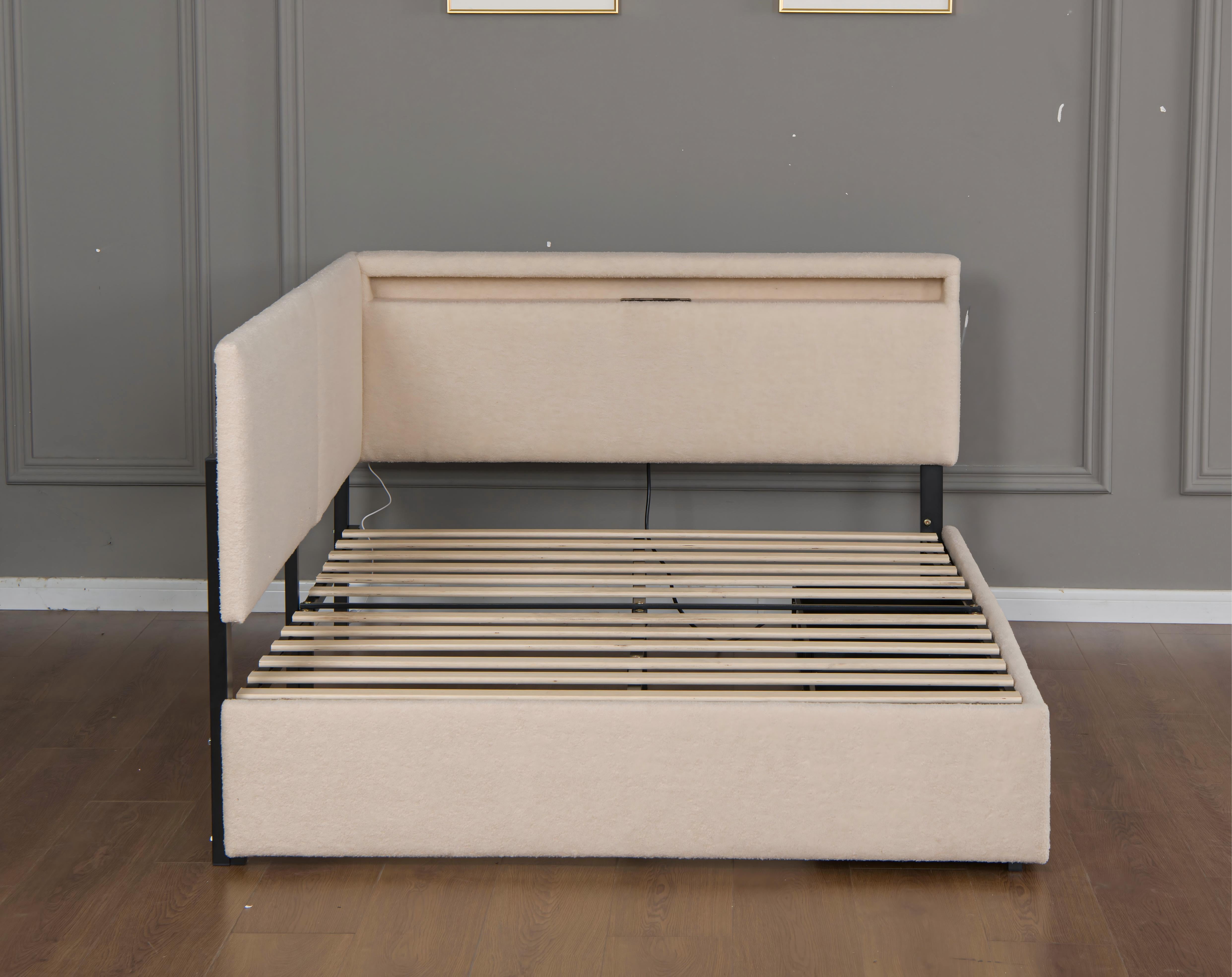 Upholstered Platform Bed Full Size, Cloud Bed Frame with USB Charging and LED Lights, Storage Drawers and Solid Wood Legs, No Box Spring Needed, Beige