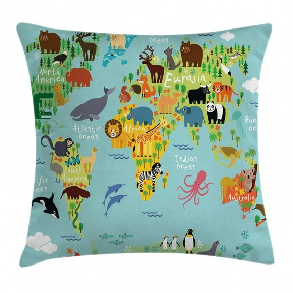 Wanderlust Throw Pillow Cushion Cover, Animal Map of The World for Cartoon Mountains Forests, Decorative Square Accent Pillow Case, 16" X 16", Pale Blue, by Ambesonne