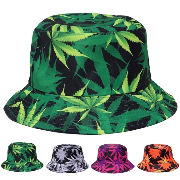 Leaf Pattern Designed Men Women Unisex Packable Foldable Summer Travel Beach Outdoor Fishing Bucket Hat Green