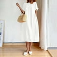 thumbnail image 2 of CHUANK Robe en Coton et Lin à Manches Courtes pour Femme Grande Taille avec Poches, T-Shirts à Col Rond, Couleur Unie, Coupe Ample, Robe d'Été M-3TG (3X-Grand Blanc), 2 of 5