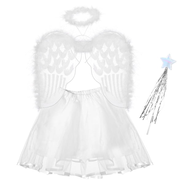 Bestoyard 4pcs Angel Costumes Headband Wing Wand Tutu Skirt Set Angle Girls Fairy Dress Outfit (angel)