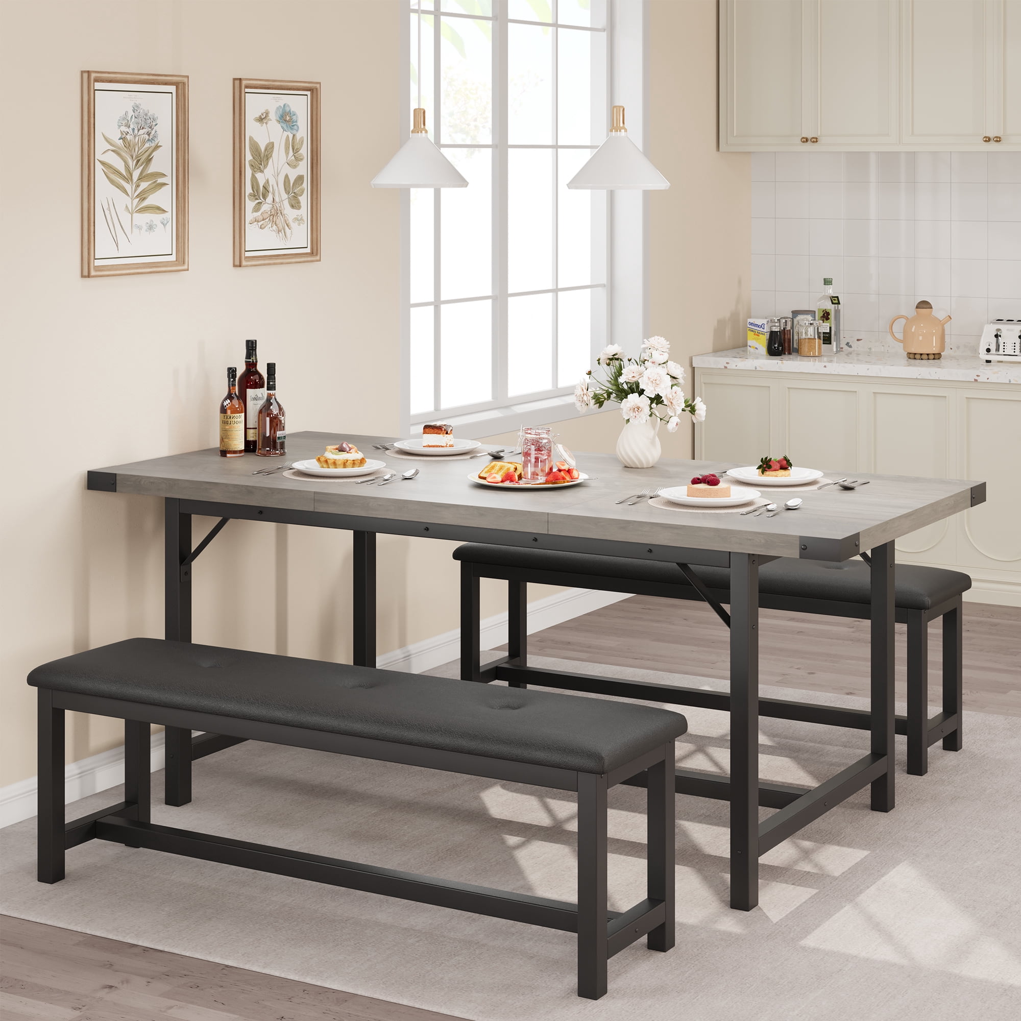 Extendable Dining Table Set for 4 to 6 People, Industrial Wood Table with 2 Upholstered Benches, Metal Corner Protectors for Small Space Apartment