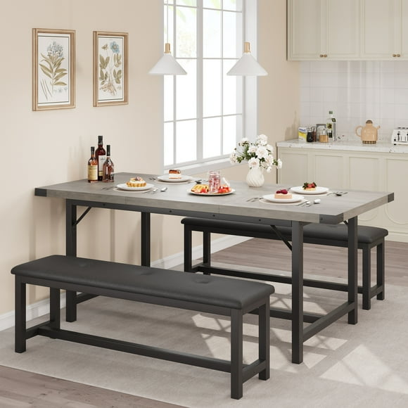 63" Extendable Dining Table Set for 4-6 People, 3-Piece Kitchen Table Set with 2 Upholstered Benches, Farmhouse Dining Room Table Set for Kitchen, Living Room, Apartment, Gray