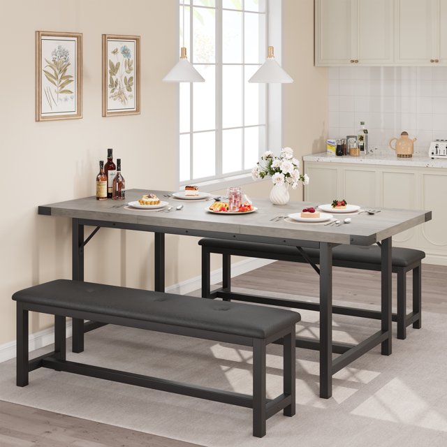 EDTara Wooden Extendable Dining Table Set With 2 Upholstered Benches, Compact 3-Piece Table Set for 4-6 People