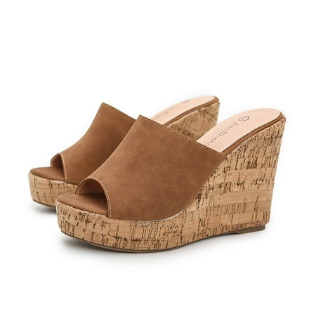 

Ecqkame Women s Wedges Slippers Clearance Women s Summer Solid Color Thick Bottom Slope Heel High Heel Fish Mouth Slippers Brown 43