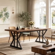 Fnova 70.86 Inch Farmhouse Dining Table, X-Shaped Metal Legs, Large Rectangular Kitchen Table for 6-8 People, Heavy Duty Dining Room Furniture