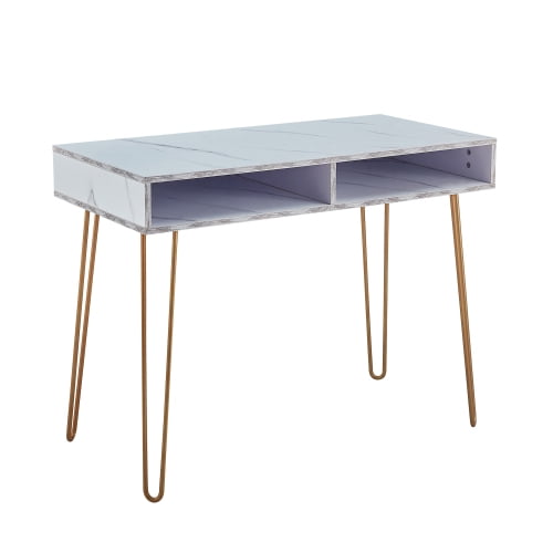 Computer Writing Desk Table With Open Storage Cubbies Gold Metal Legs White Faux Marble Mid Century Style Com Computer Writing Desk Table With Open, White Marble Desk With Gold Legs