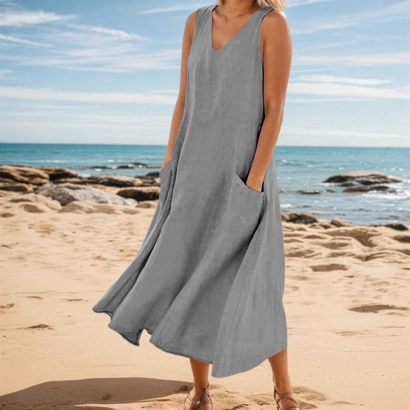 Jamsmile Womens Dress Summer Solid Color Sleeveless Elegant Loose Fit Casual Maxi Dresses With Pockets Daily Tshirts HolidaySundress