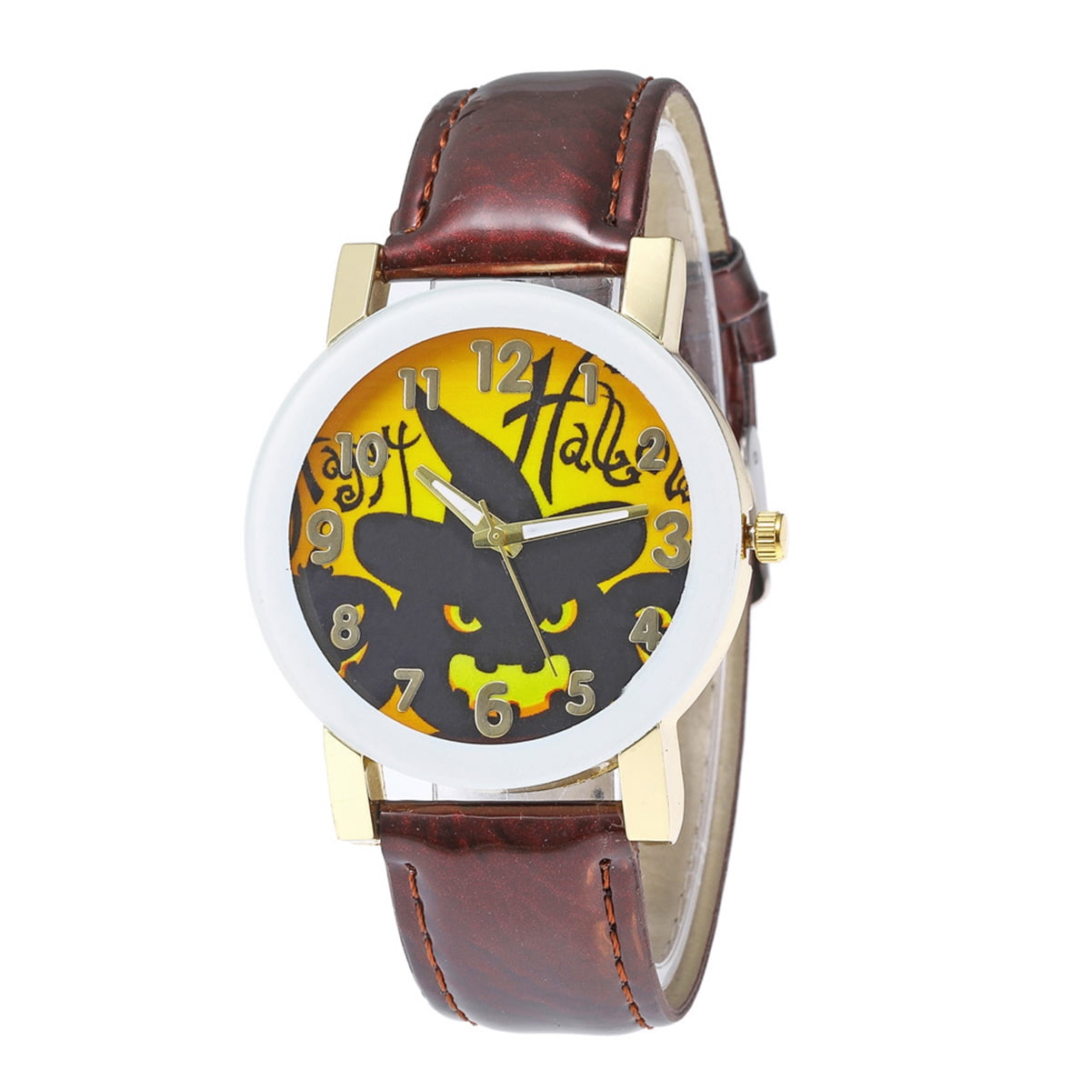 Halloween Theme Pumpkin Lantern Pattern Women Quartz Wrist Watch Festival Belt Watch (Brown)