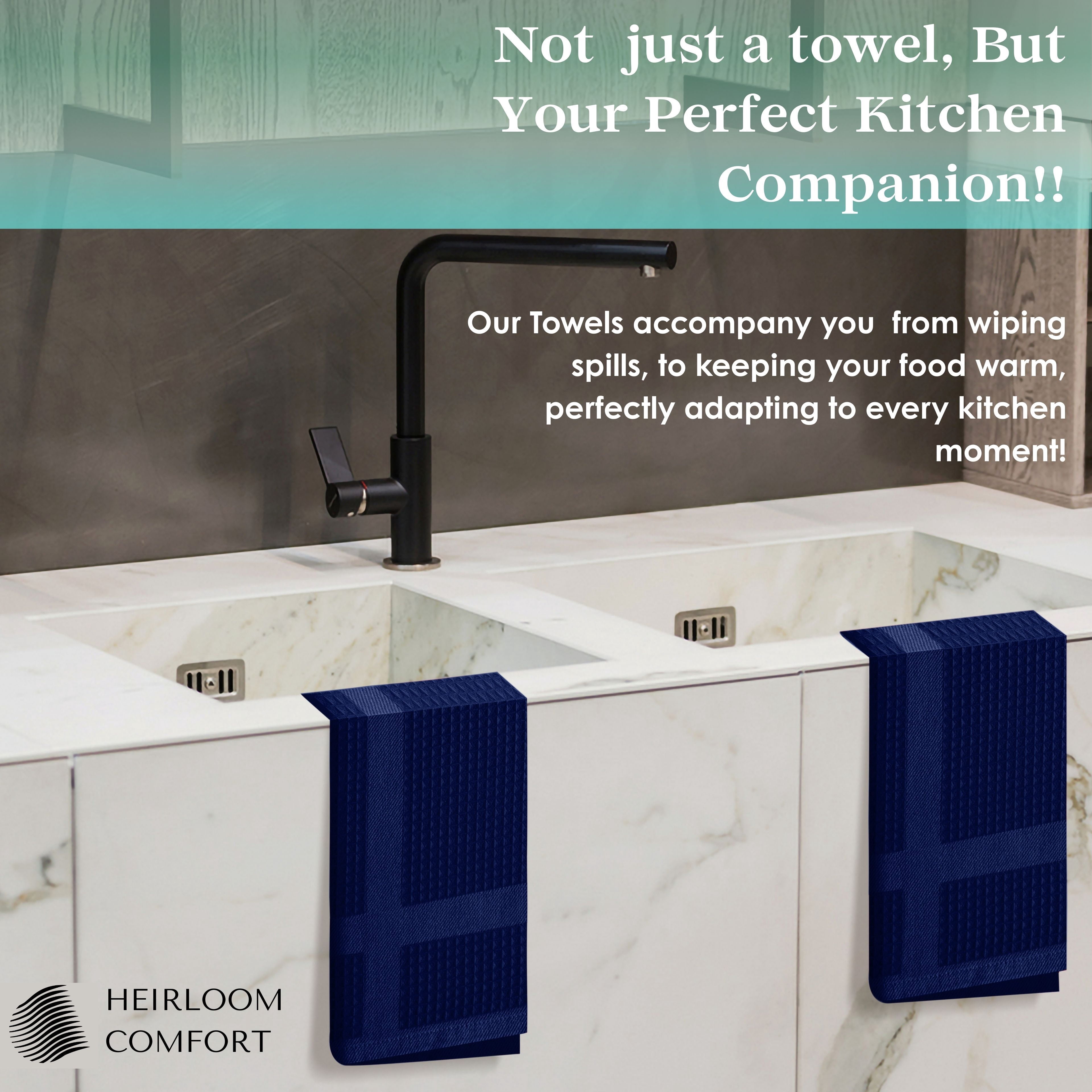 HEIRLOOM COMFORT 12 Pack Blue Waffle Weave Kitchen Towels, 16x26 Inches, 100% Cotton Dishcloth Set, Super Absorbent, Quick Dry, Soft Hand Towels for Drying Dishes, Cleaning, Durable, Indigo Blue
