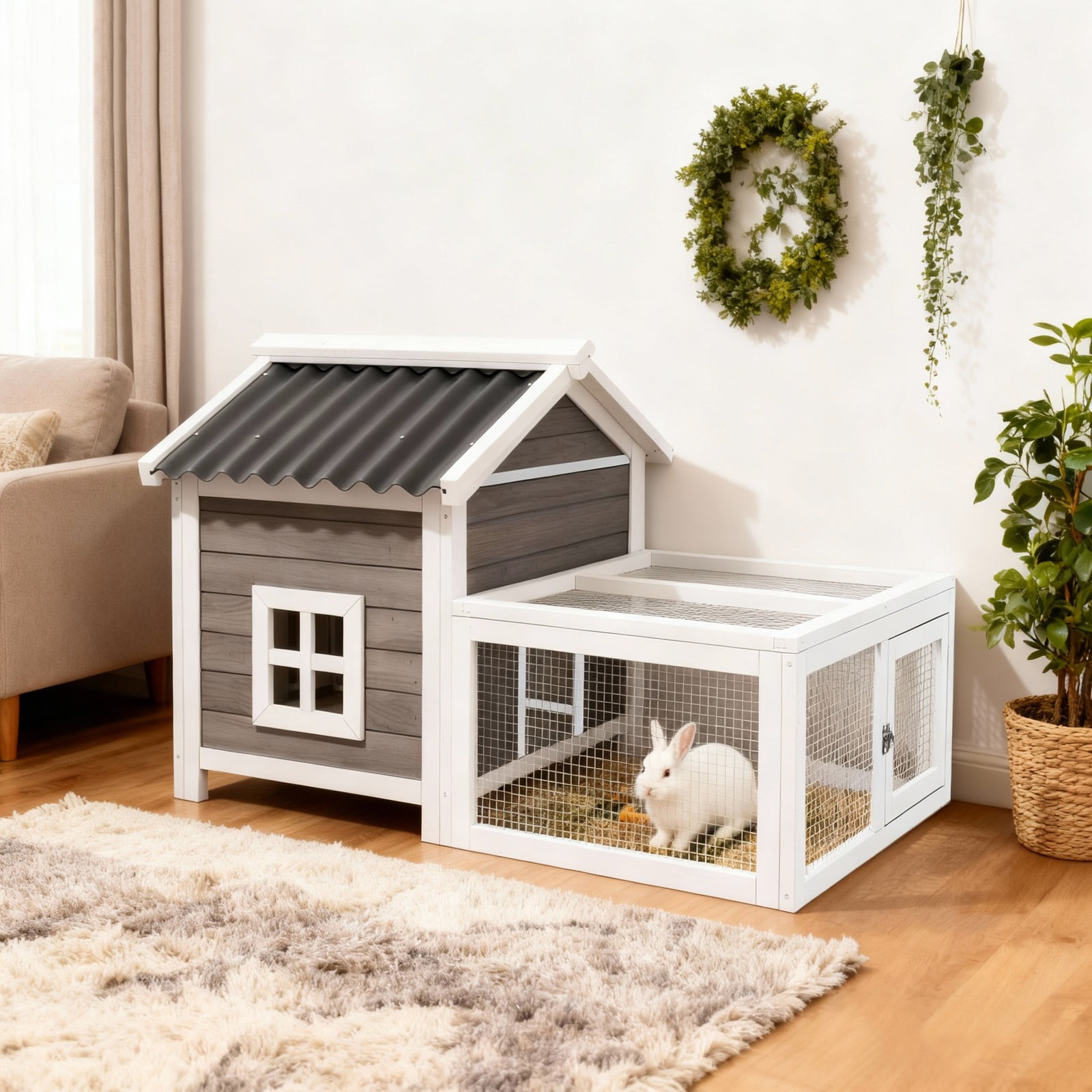 Wooden Rabbit Hutch Chicken Coop, Waterproof Outdoor Pet House with Run