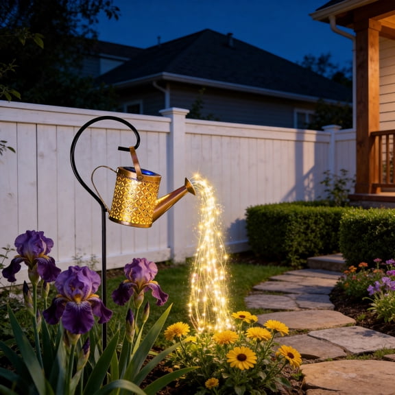 Solar Watering Can Lights with Hanging Stand, Waterproof Metal Solar Garden Lantern, Star Shower String Fairy Lights, Outdoor Decorative Solar Light for Yard Lawn Flower Bed Pathway Patio Backyard Or