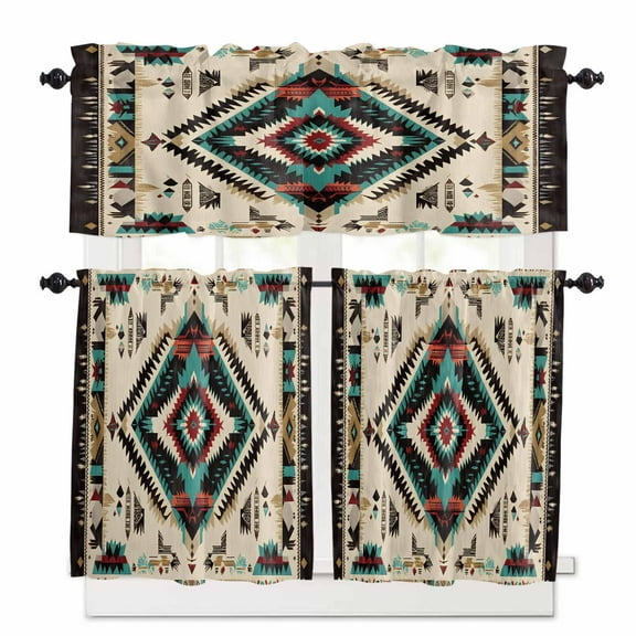 Boho Red Teal Brown Kitchen Curtains and Valances Set, 3 Piece Kitchen Curtains Set 24 Inch Length, Southwestern Country Geometric Rod Pocket Curtains Tier Farmhouse Window Curtains