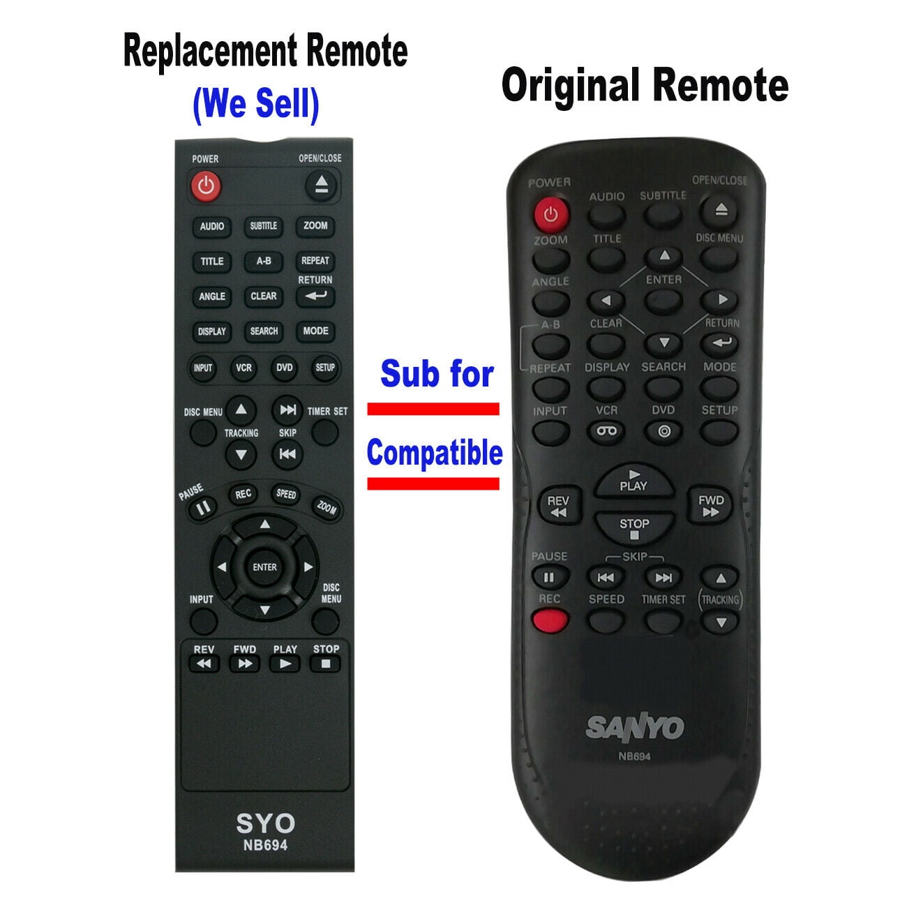 NB694UH NB694 Replaced Remote for Sanyo DVD VCR Combo Player DV220FX5