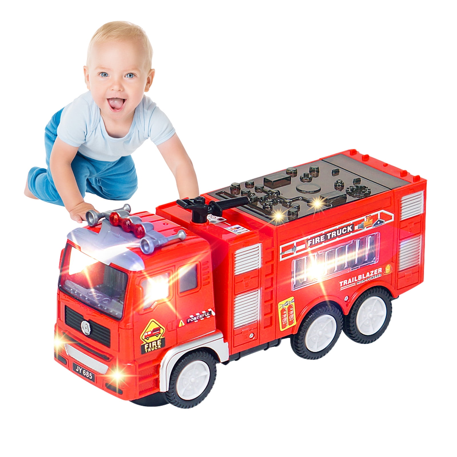 Automatic Steering Rescue Fire Truck Toy with Flashing Lights and Real Siren Sounds Toysery Fire Truck Toy for Kids Battery Operated Automatic Bump & Go Car Emergency Fire Engine Toy Truck