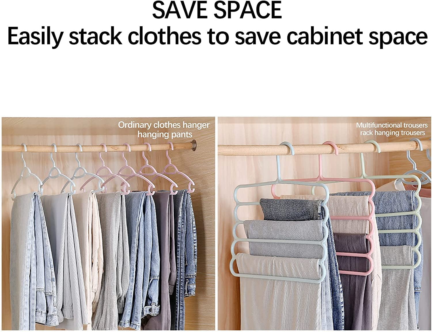 TRIANU 5 Layers Pants Hangers, 6Pcs Space Saving Non-Slip Multi-Functional Closet Pants Organizer Clothes Slack Hangers Trouser Rack Wardrobe Hanger Scarf Rack Silk Tie Hanger, Random Color