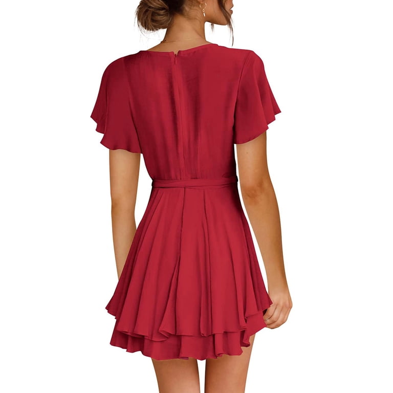 Womens Layered Ruffle Hem Dress Solid Color Deep V Neck Zipper Back  Sundress Tunic Tie Waist Ruffle Short Sleeve Mini Dresses - Walmart.com
