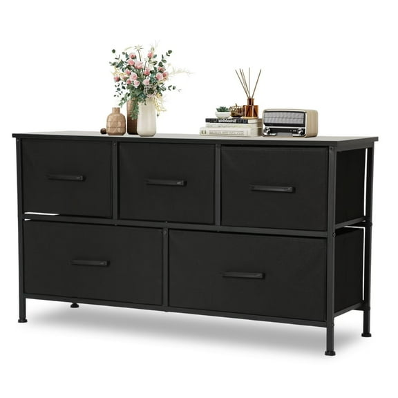 YRLLNSDAN Fabric Dresser With 5 Drawers Closet Drawers with Wooden Top Metal Frame TV Stand with Storage for Bedroom Living Room Hallway Entryway, Black