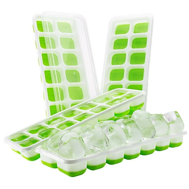 Bandeja para Cubitos de Hielo de 4 Piezas, Silicona de Fácil Liberación y 14 Bandejas para Cubitos de Hielo Flexibles con Tapa Extraíble a Prueba de Salpicaduras, Certificado LFGB y Libre de BPA, Adecuada para Cócteles, Congelar, Bandejas para Cubitos de Hielo Apilables, con Tapa ER