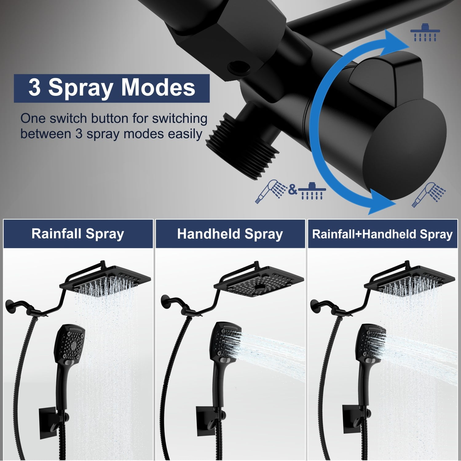 AUKTOPT Rainfall 5-Modes Spary 10 Inch Wall-Mount Showerhead Handheld Shower, Shower Head Combo with 60 Inch Hose, Extension Arm, Matte Black